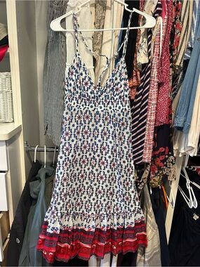 Quiksilver White, Blue & Red Printed Spaghetti-Strap Midi Dress size small